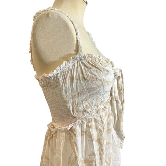 Ocean Drive Mini Dress S Leaf Print Tie Front Tan Cream Pink Tiered Size Small - Picture 6 of 9